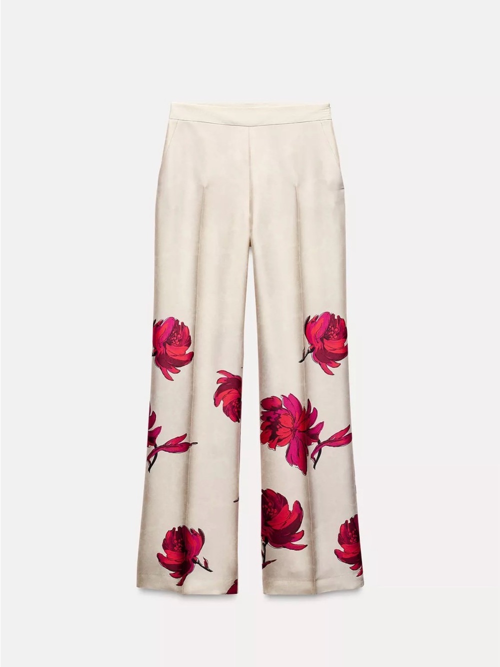 Zara Cream Satin Wide-Leg Pants with Pink Floral Print